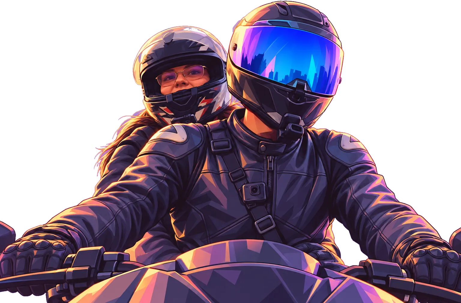 Pengyu Jie riding his motorcycle with a passenger at sunset